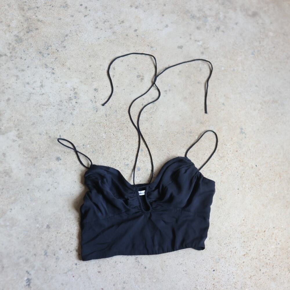 Abercrombie Black Ruched Tie Strap Crop Top Y2K Boho Cutout Smocked Back Size M